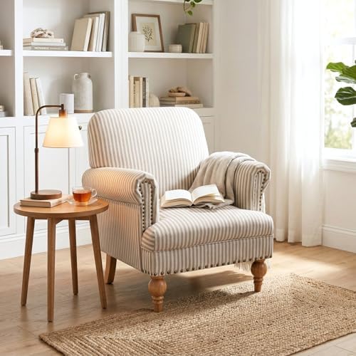 Khaki Striped Linen Fabric Accent Chairs Set of 2, Modern Farmhouse Upholster...
