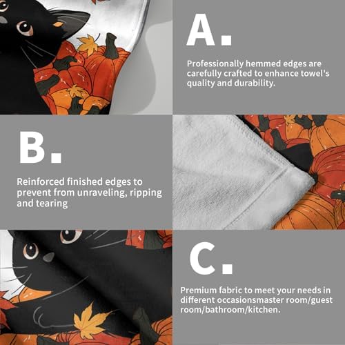 Fall Black Cat Pumpkins Bathroom Towels Set Autumn Leaves Hand Towels Thanksgiving Maple Leaves Kitchen Towels Pumpkin Harvest Dish Towels Absorbent Fingertip Towel for Hotel Beach Gym Spa 28x14 inch
