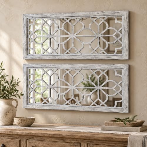 Set of 2 13x30 Inch Large Grey Shatterproof Carved Floral Wood Frame Wall Mir...