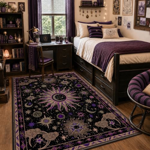Vacuum-Friendly, 5x7 Washable Area Rug, Black Purple Beige