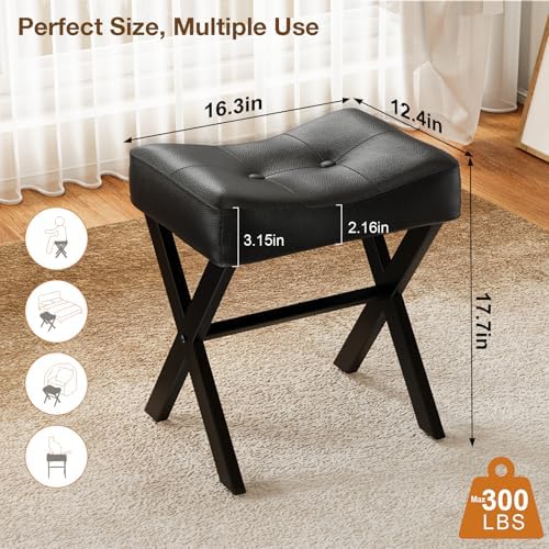 memobarco 18-inch leather vanity stool chair, black shown in use