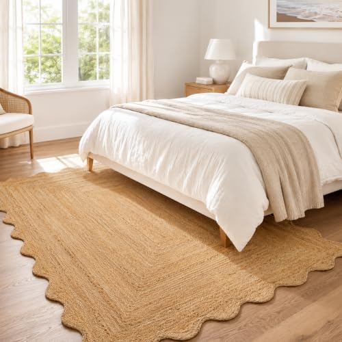 GRUHUM Jute Area Rug 2'x3' ft Wave Scalloped Natural Handwoven Boho R...