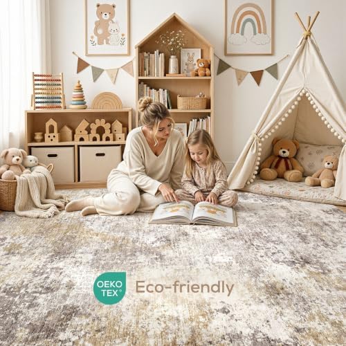 Nakagishi 10X12 Abstract Washable Area Rugs for Living Room-Golden Brown