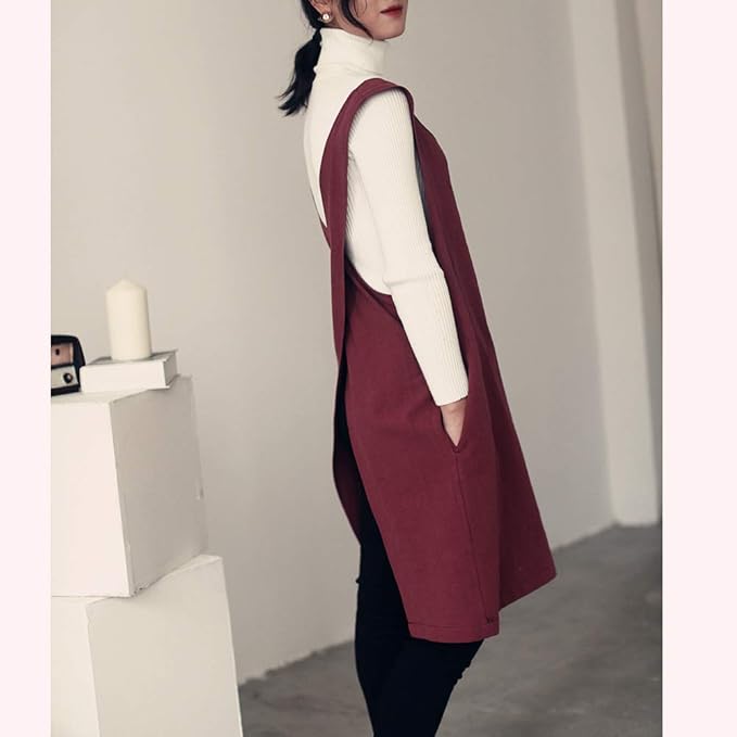Cotton Linen Japanese Apron Halter Cross Back Bandage X Shape Aprons Two Pockets - Image 3