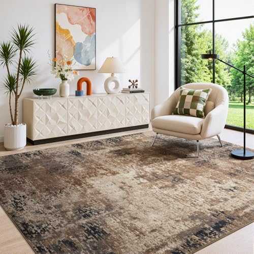 Merelax 4x6 Brown Red Washable Area Rug Non-Slip Faux Wool Abstract Carpet