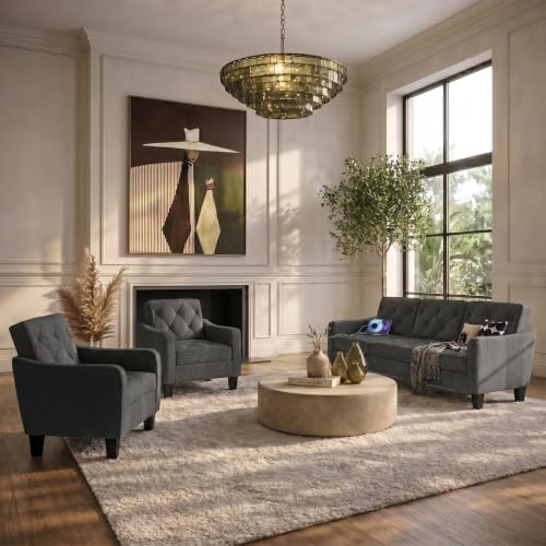 3-Piece Dark Grey Fabric Sofa Set, 2 Accent Chairs & 3 Seater Couch, Tufted