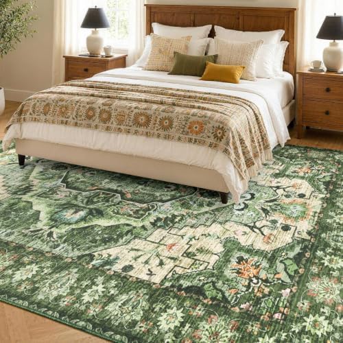 YOH 6x9 Ft Vintage Washable Area Rug for Living Dining Room (Green)