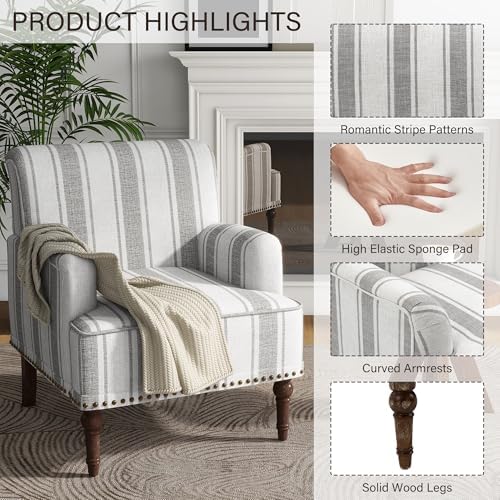 Stripe Accent Chair, Fabric Upholstered Armchair, Gray