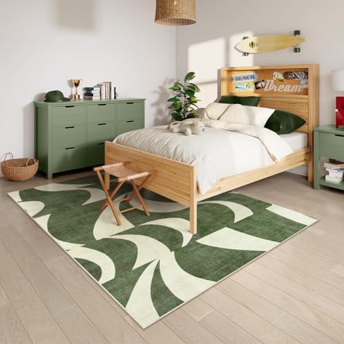 Lahome Abstract 5x7 Rug,Low-Pile Soft Green Rugs for Living Room,Retro Swirl ...