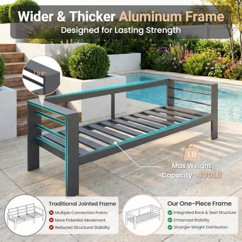 Aluminum Outdoor Couch, 3-Seat Metal Patio Sofa with 10" Back Cushion