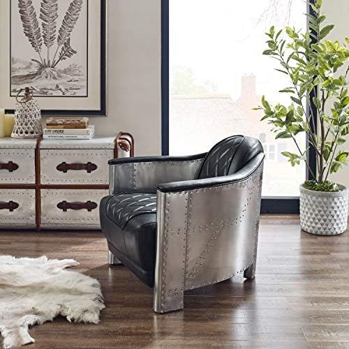 Art Leon Mid Century Industrial Genuine Leather Accent Club Chair Black