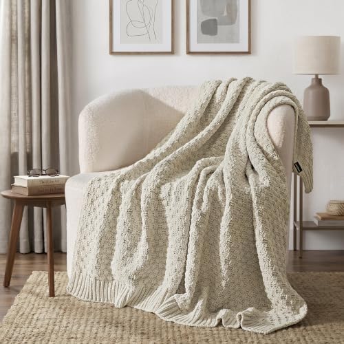 EVERGRACEHOME Chunky Chenille Knit Throw Blanket, Birch, 50" x 60"