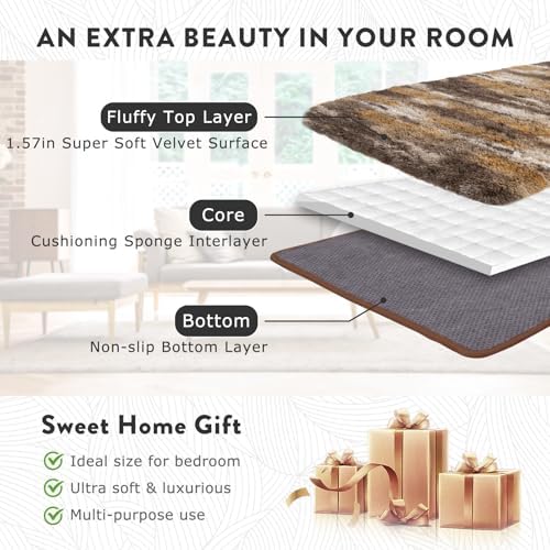 5x7 Abstract Brown Fluffy Rug for Bedroom Living Room Washable Non-Slip