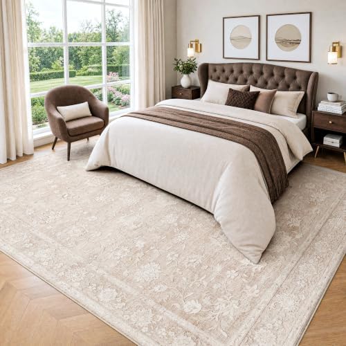 8x10 Beige Neutral Floral Living Room Vintage Area Rug