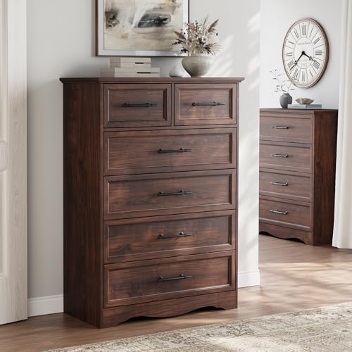 YANSNWO Walnut 6 Drawer Dresser for Bedroom, 44" Tall Chest of Drawers