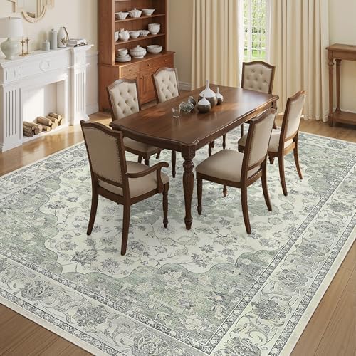 8x10 Non-Slip Washable Livingroom Vintage Area Rug, Sage Green