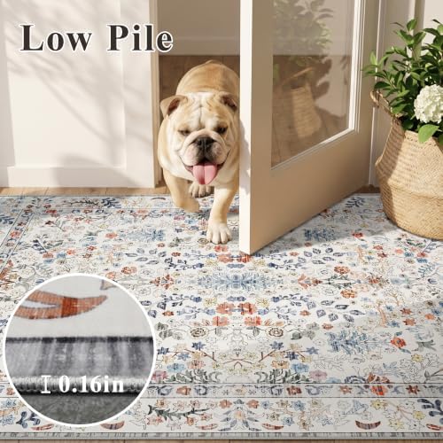 Vintage 8x8 Square Area Rug: Washable Boho Rug Soft Low-Pile Carpet Beige