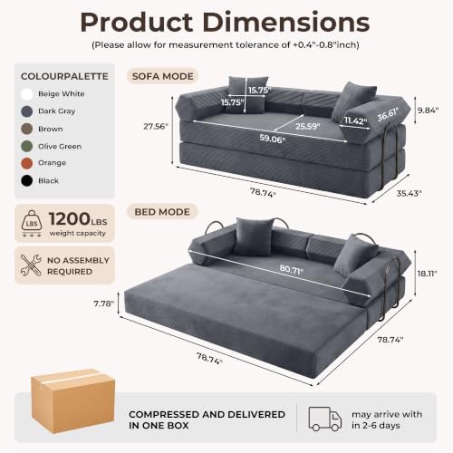 79" Convertible Futon Sofa Bed, Boneless Couch for Living Room | Dark Gray
