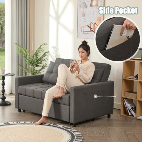 GOSUHI 52" 3-in-1 Convertible Sleeper Sofa Bed, Linen, Dark Gray