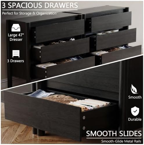 HOUROM Black 3 Drawer Dresser for Bedroom, Mid Century Modern Chest