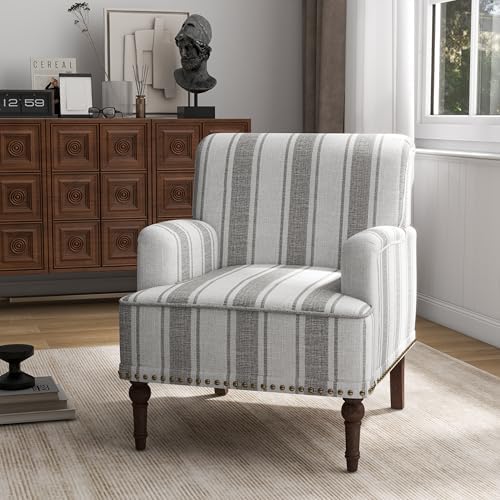 Stripe Accent Chair, Fabric Upholstered Armchair, Gray