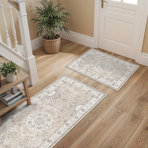 2-Piece Kitchen Runner Rug Set: Washable Non-Slip Floor Mats for Sink & S...