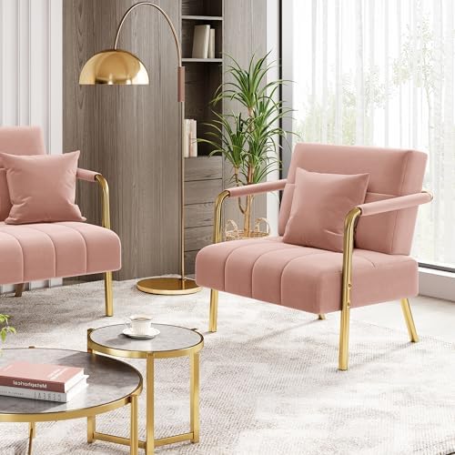 Yaheetech 30" Accent Chair Velvet Armchair with Golden Frame, Pink