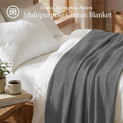 Threadmill Luxury 100% Cotton Queen Herringbone Blanket, Dark Grey