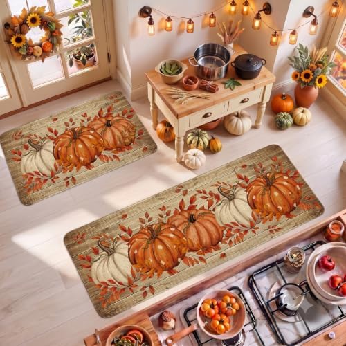 Fall Kitchen Mats Decor, Autumn Pumpkin with Brown Wood Grain Fall Kitchen Rugs Set of 2 Indoor Non Slip Washable Floor Mat Runner Rug Home Decorations