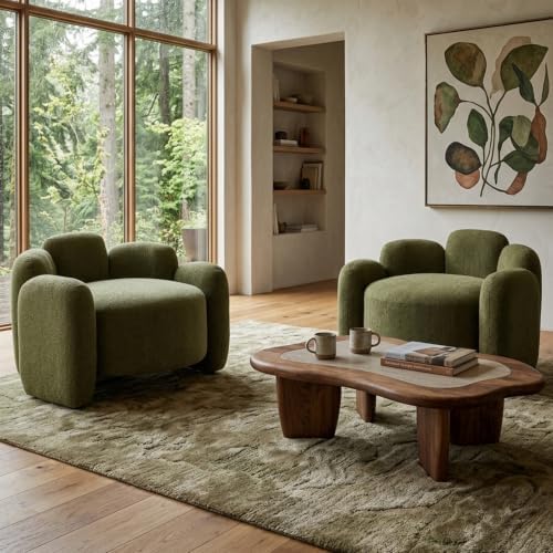 Hyfirm Green Mid‑Century Modern Accent Chairs Set of 2 – Upholstered Barrel S...