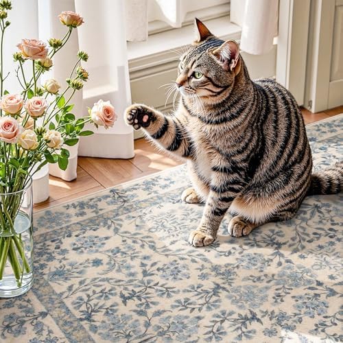 jinchan 8x10 Washable Living Room Area Rug, Vintage Floral, Blue/Cream
