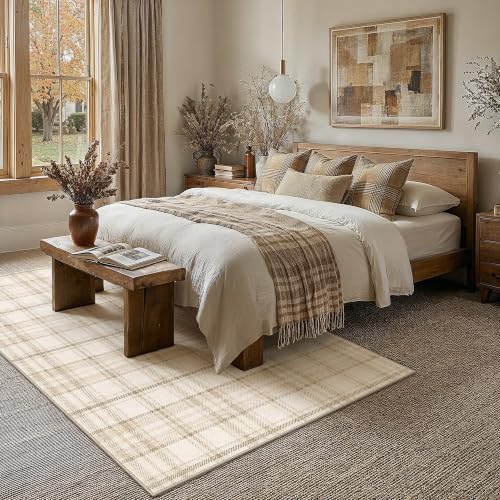 9x12 Beige Plaid Living Room Area Rug