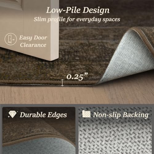 Brown Vintage Washable 8x10 Area Rug for Living Room & Bedroom, Non-Slip ...