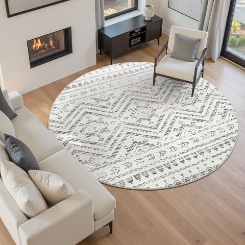 Miukiki Round Rugs 6ft for Living Room Moroccan Washable Circle Rug Grey