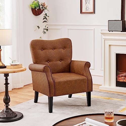 Yaheetech High Back Accent Chair with Rolled Arms for Bedroom, Retro Brown