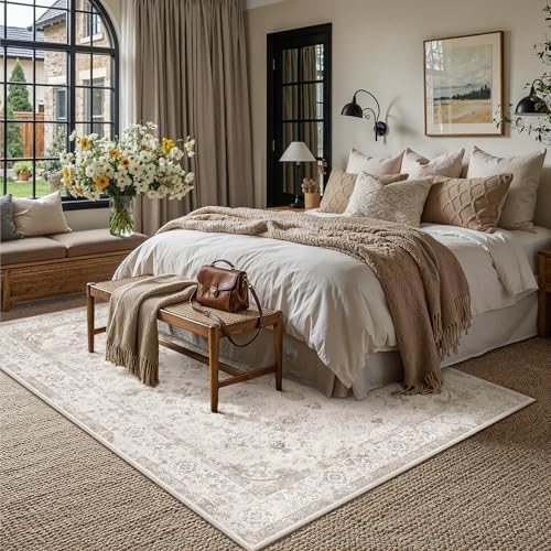 PureCozy 8x10 Washable Neutral Area Rug Living Room Beige Vintage Carpet