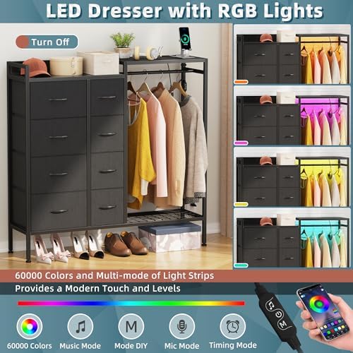 HIGDBFE 8-Drawer Dresser with Hanging Rack for Bedroom, Black, 11.8" D