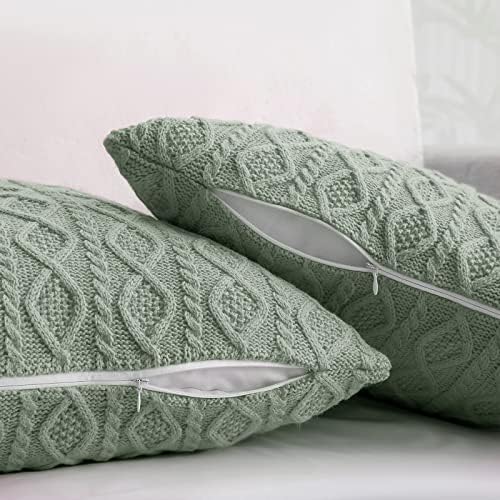 Homiest Sage Green Cable Knit Throw Blanket Set of 3, with 2 Pillow Covers