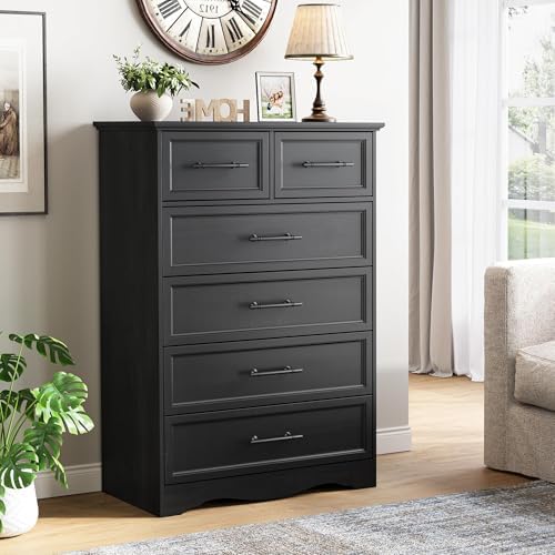 YANSNWO Black 6 Drawer Dresser for Bedroom, 44" Tall Chest of Drawers
