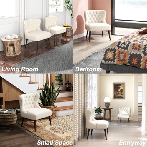 chairus Tufted Cream White Accent Chair, Armless Linen Living Room Chair