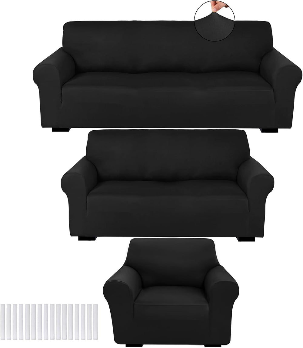 Peryiter 3 Pcs Couch and Loveseat Sofa Covers,Black,Milk Silk