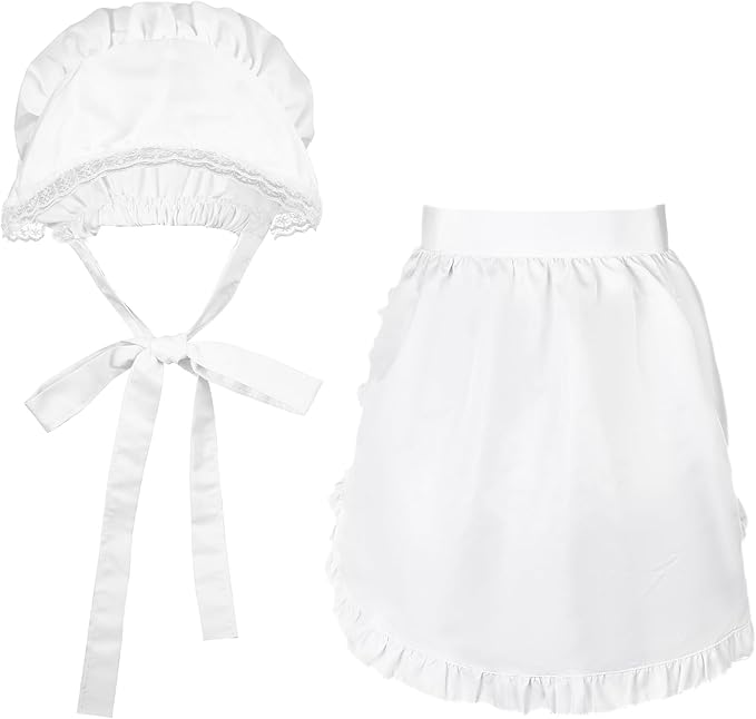 Tucnoeu 2pcs White Mob Cap Half Apron Halloween Colonial Costume Set Women by Unknown