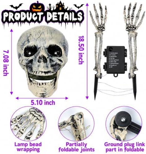Halloween Skeleton Decorations Outdoor, Light Up Skull Head & Skeleton Ha...