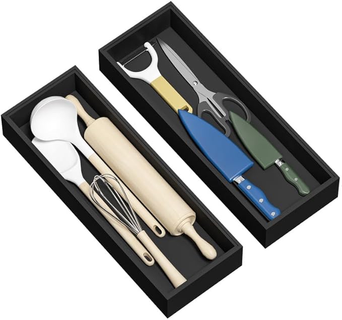 Kitchen Drawer Organizer Tray, Stackable Black Bamboo Drawer Organizer