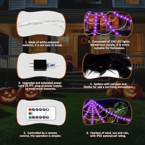 Halloween Decorations Outdoor, Spider Web Lights 250 LED Lighted Spider Web 1...