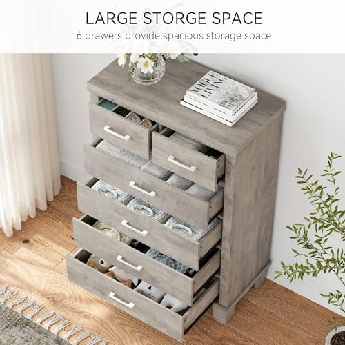 IDEALHOUSE 45" 6-Drawer Dresser, Wooden Chest of Drawers, Grey