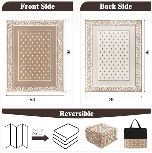 Pauwer Waterproof Outdoor Rug 6x9, Plastic Straw Patio Rug, Bordered Beige