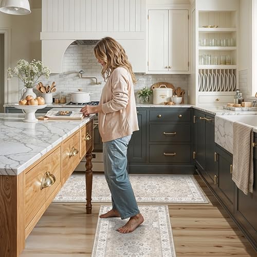 2-piece kitchen runner rug set: washable non-slip floor shown in use