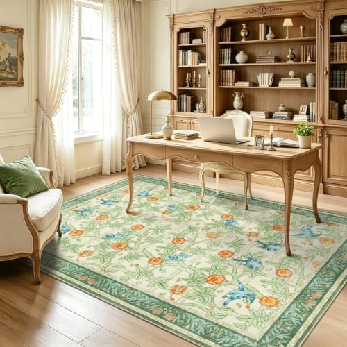 5x7 Area Rug for Living Room, Green Floral Boho Washable Rugs for Bedroom