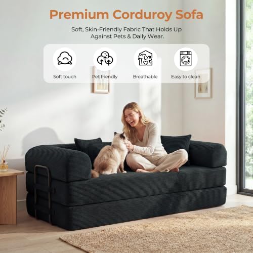 79" Convertible Futon Sofa Bed, Boneless Couch for Living Room | Corduro...